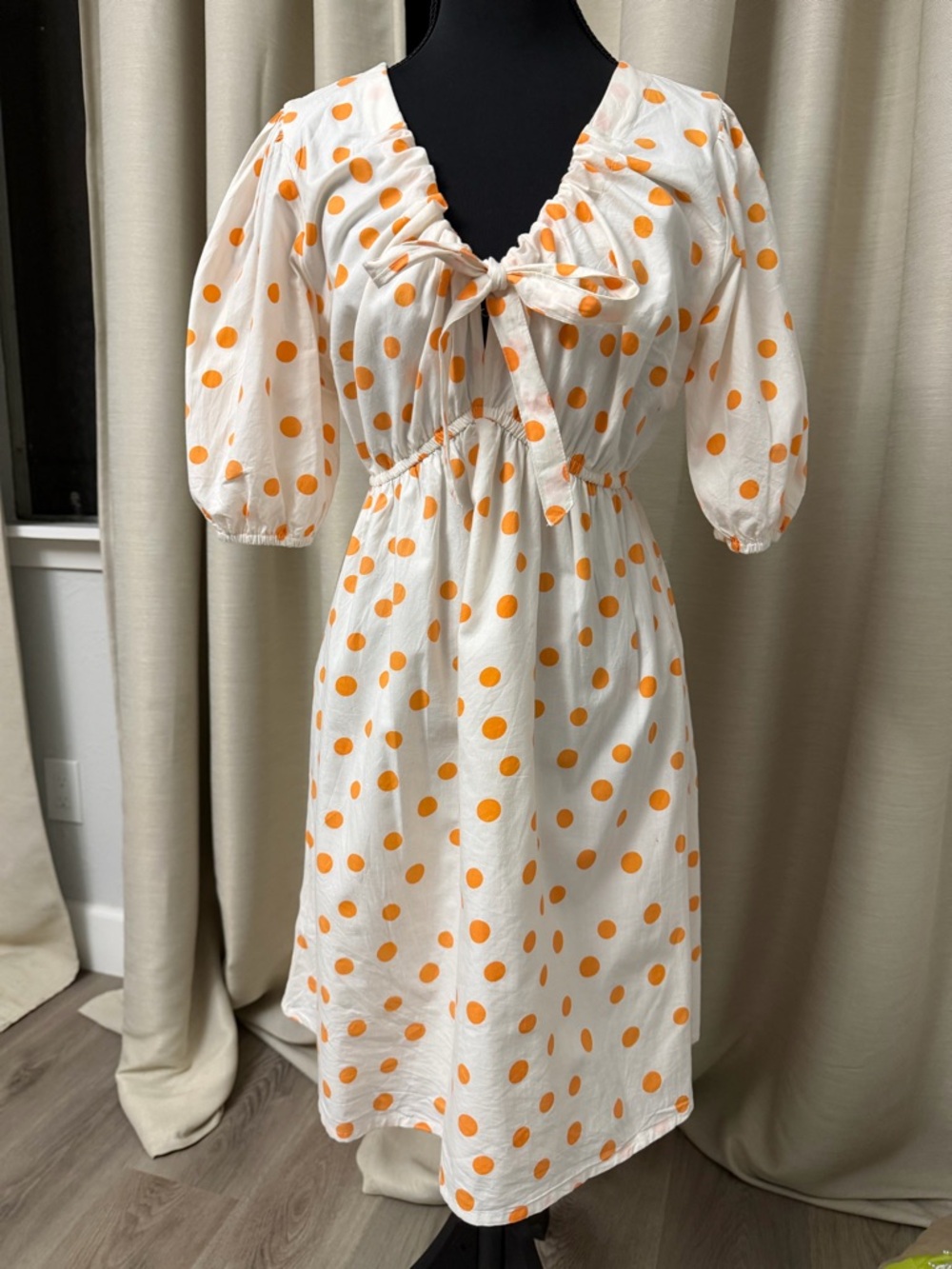 Tie-Front Cream Midi Dress with Orange Polka Dots
